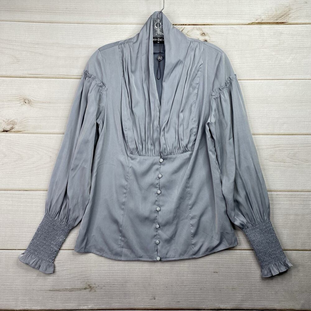 Scarlet Darkness Renaissance Top Womens M Gray Pleated Button Up Lightweight NEW